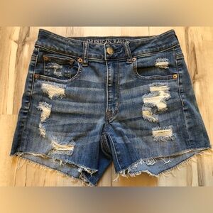 American Eagle Outfitters Ripped High-Rise Denim Short Shorts - Blue Wash